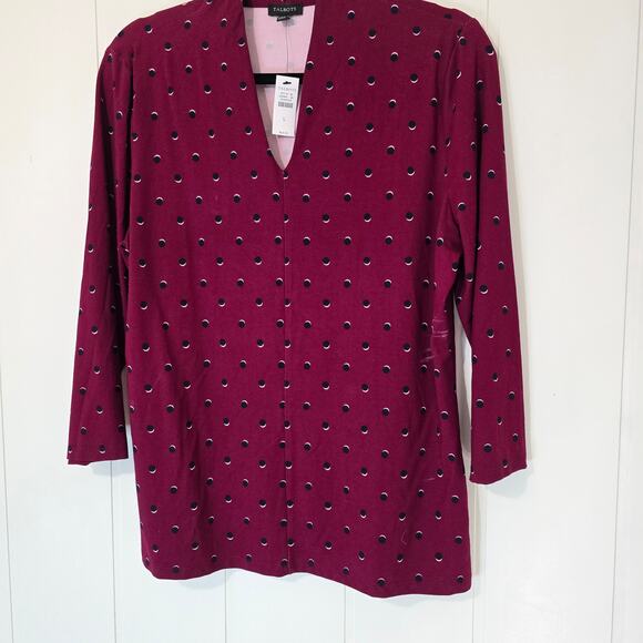 Talbots Knit Top VNeck Dot Print Burgundy 3/4 Sleeve Stretch NWT Size Large - Picture 4 of 10